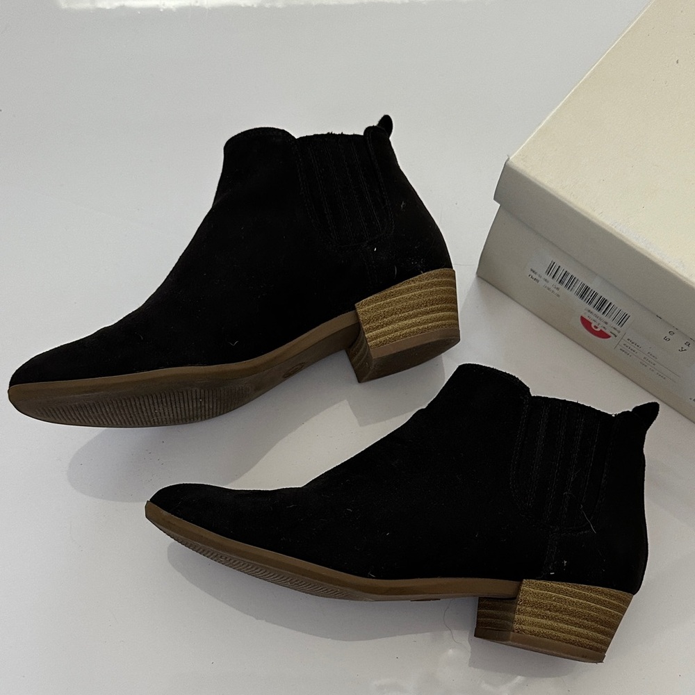 A new day, black faux suede booties